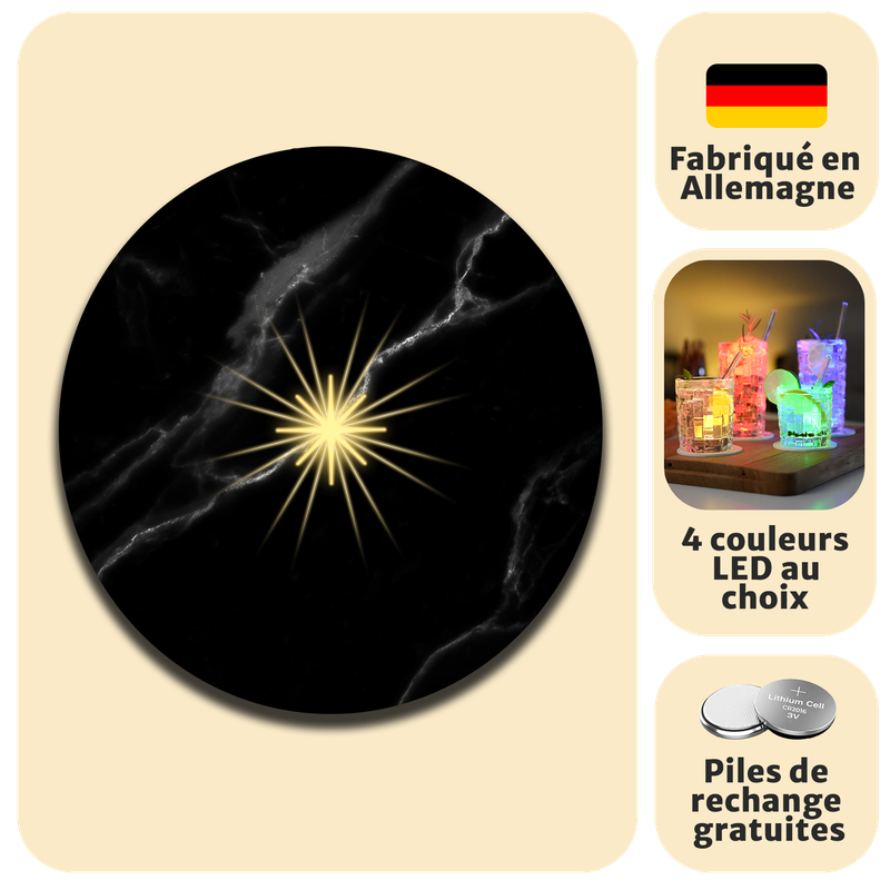 Dessous de verre lumineux avec piles de rechange offertes | Design : Marbre noir